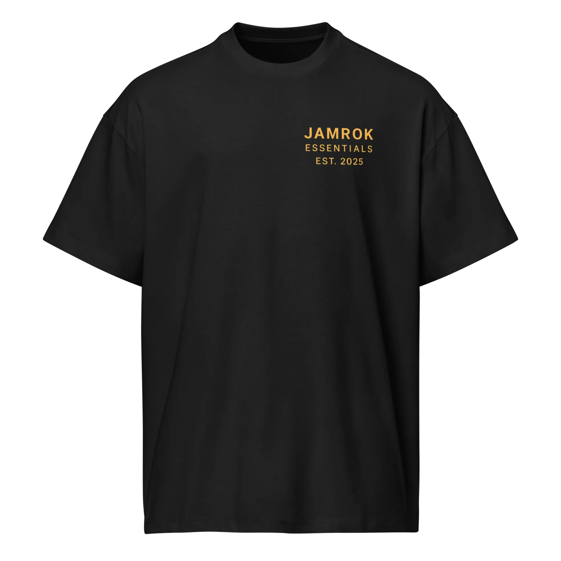 Studio shot of JamRok Essentials Drop 002 Men’s Boxy Tee in premium heavyweight cotton, highlighting the relaxed fit and reinforced ribbed neckline for Caribbean streetwear fashion.