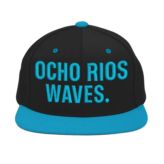 Front view of JamRok Essentials Ocho Rios Waves Edition Snapback Hat with high-profile structure and flat brim, representing Jamaican coastal resilience and Caribbean heritage style.