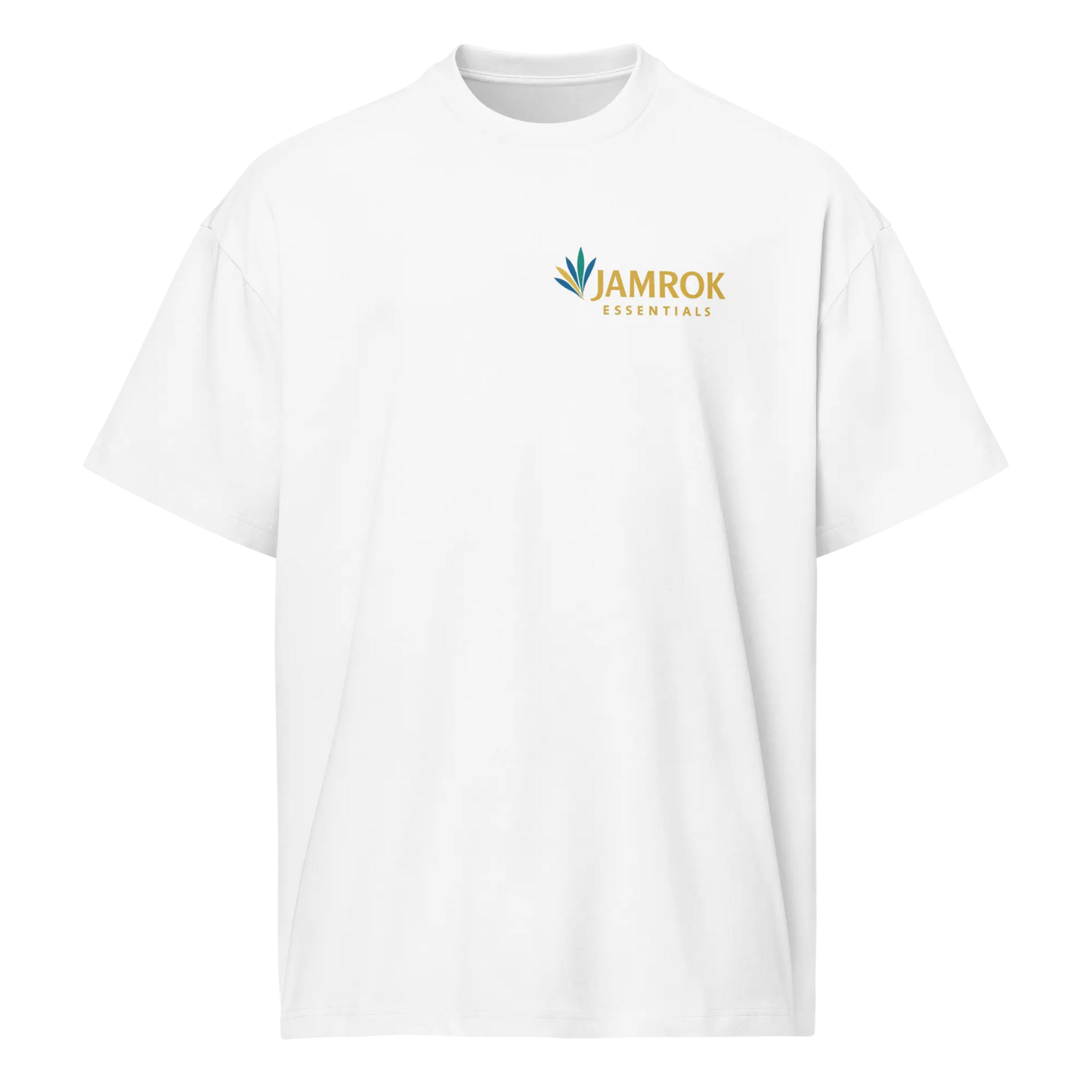 Front view of JamRok Essentials Original Logo Men’s Boxy Tee in a heavyweight black cotton, featuring the signature logo and an oversized streetwear silhouette.