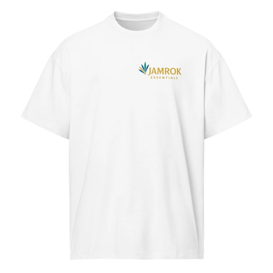 Front view of JamRok Essentials Original Logo Men’s Boxy Tee in a heavyweight black cotton, featuring the signature logo and an oversized streetwear silhouette.