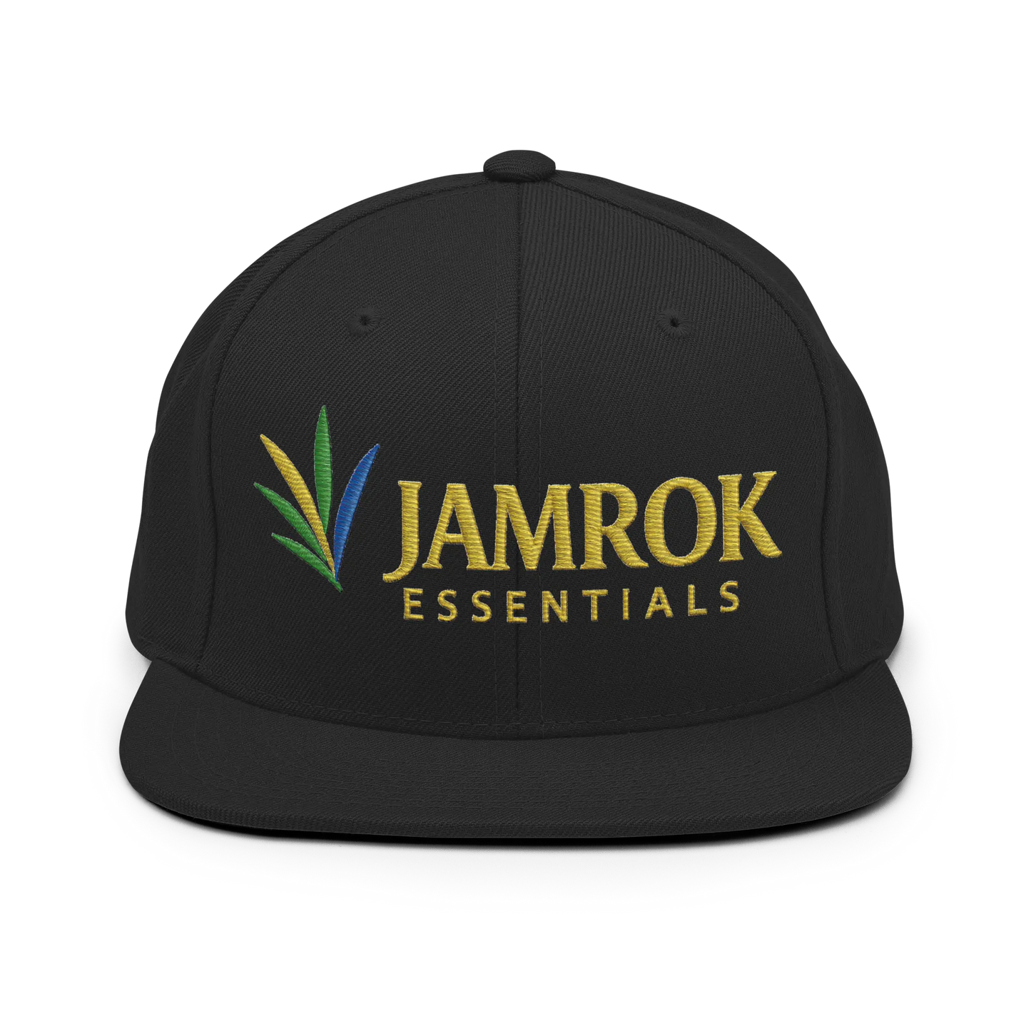Front view of JamRok Essentials Original Logo Snapback Hat featuring the signature logo on a structured 6-panel flat-brim cap with a green undervisor.