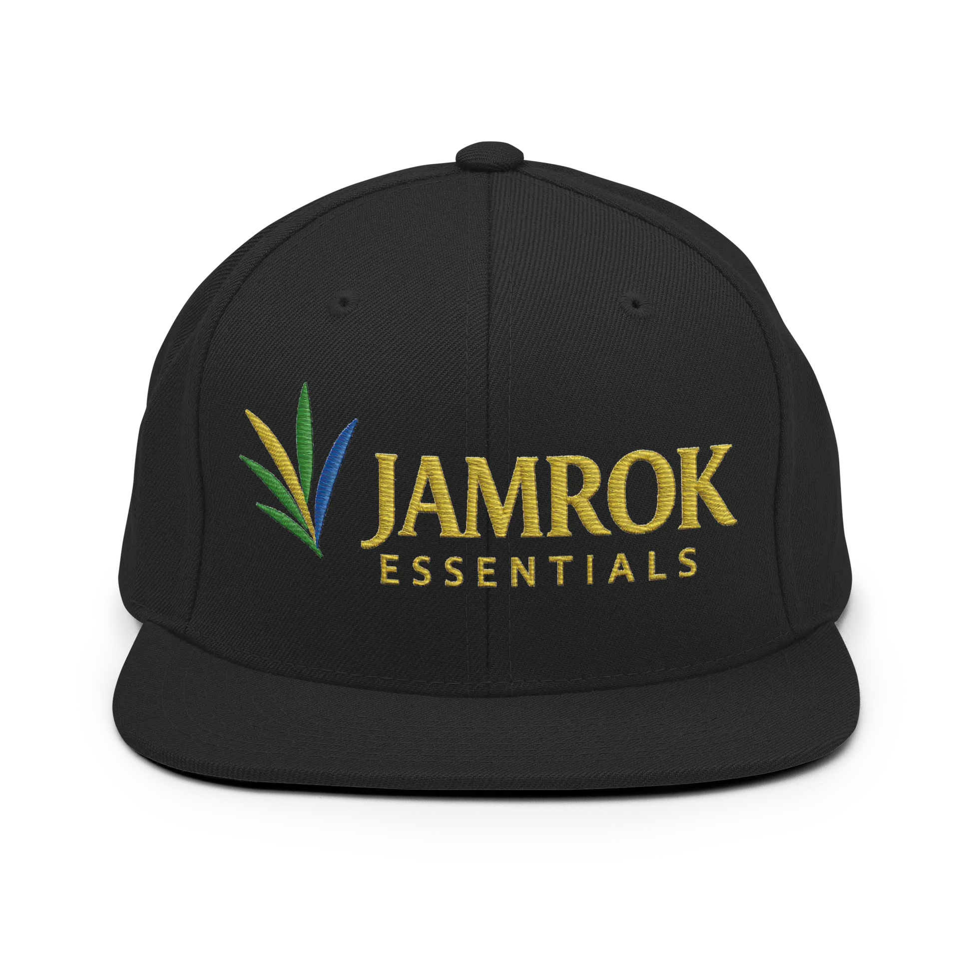 Front view of JamRok Essentials Original Logo Snapback Hat featuring the signature logo on a structured 6-panel flat-brim cap with a green undervisor.