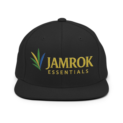 Front view of JamRok Essentials Original Logo Snapback Hat featuring the signature logo on a structured 6-panel flat-brim cap with a green undervisor.