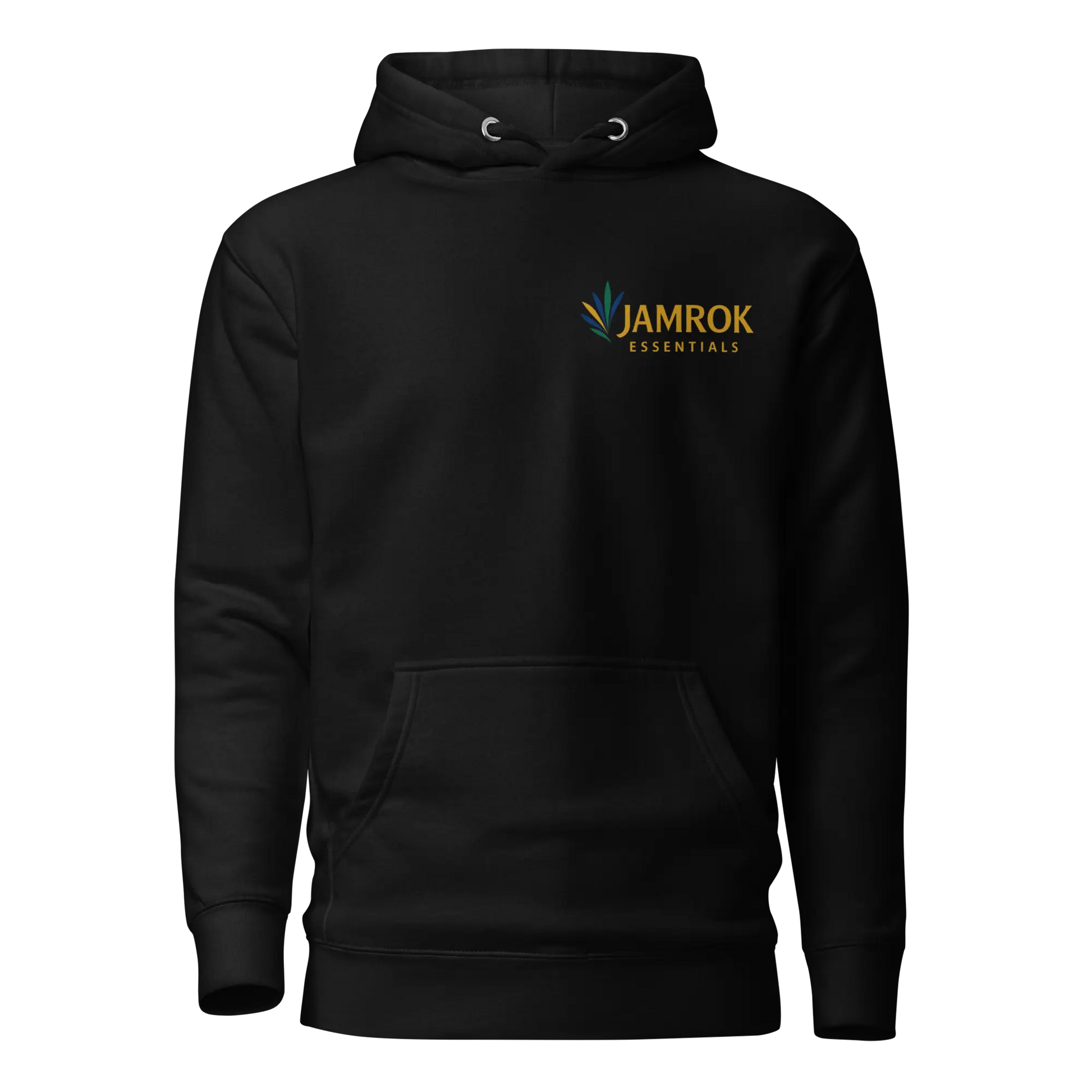 Front view of JamRok Essentials Original Logo Unisex Hoodie with front pouch pocket and 3-panel hood, representing Caribbean heritage streetwear and comfortable urban fashion.
