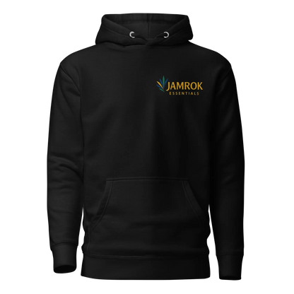 Front view of JamRok Essentials Original Logo Unisex Hoodie with front pouch pocket and 3-panel hood, representing Caribbean heritage streetwear and comfortable urban fashion.
