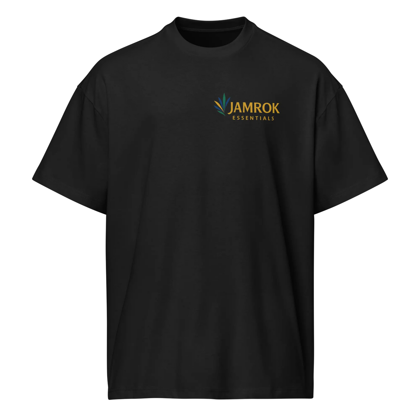 Front view of JamRok Essentials Original Logo Men’s Boxy Tee in a heavyweight black cotton, featuring the signature logo and an oversized streetwear silhouette.