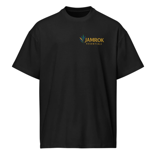 Front view of JamRok Essentials Original Logo Men’s Boxy Tee in a heavyweight black cotton, featuring the signature logo and an oversized streetwear silhouette.