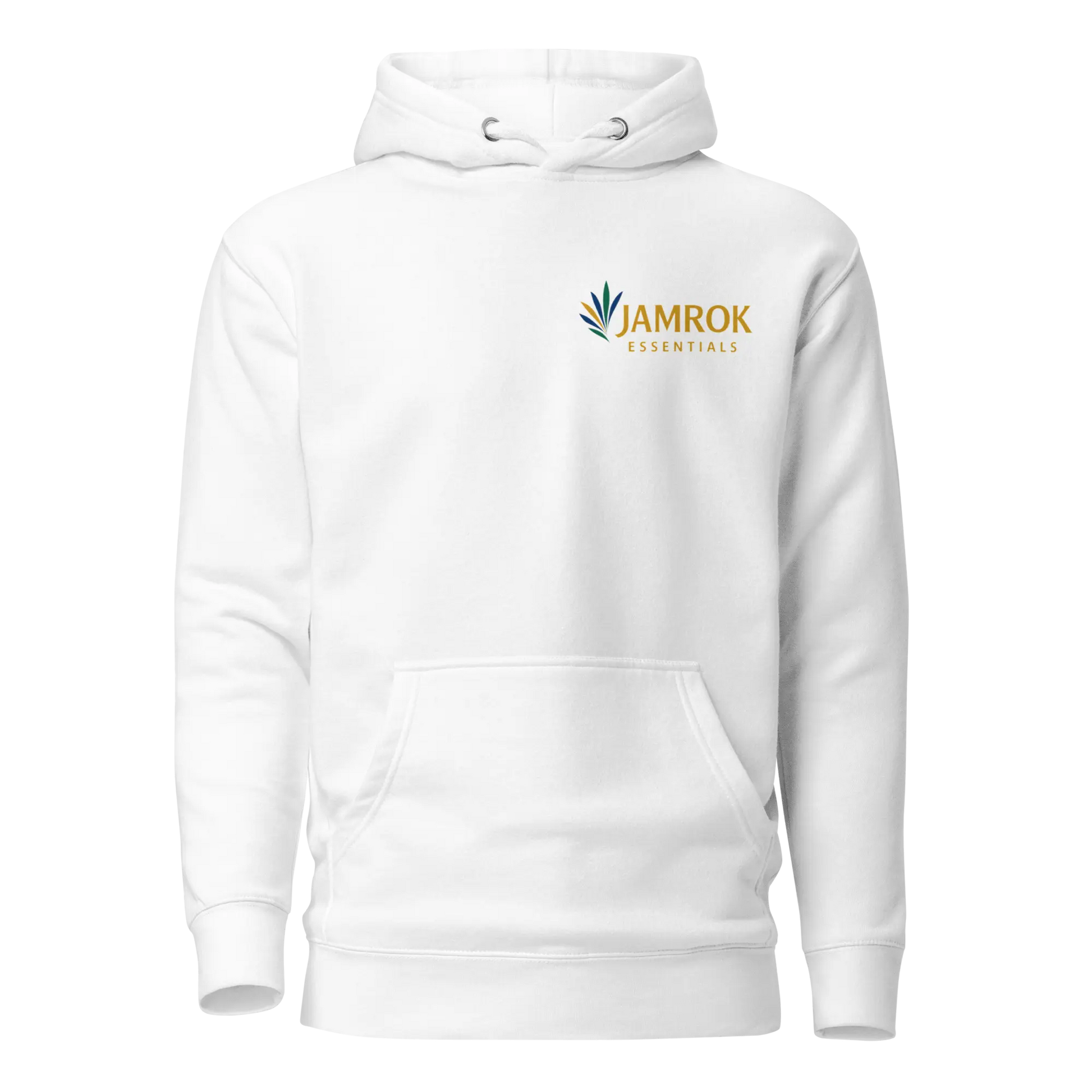 Front view of JamRok Essentials Original Logo Unisex Hoodie with front pouch pocket and 3-panel hood, representing Caribbean heritage streetwear and comfortable urban fashion.