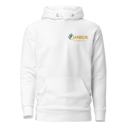 Front view of JamRok Essentials Original Logo Unisex Hoodie with front pouch pocket and 3-panel hood, representing Caribbean heritage streetwear and comfortable urban fashion.