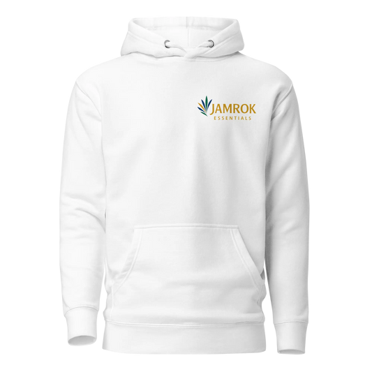 Front view of JamRok Essentials Original Logo Unisex Hoodie with front pouch pocket and 3-panel hood, representing Caribbean heritage streetwear and comfortable urban fashion.